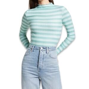 Cali Be Casual Top Long Sleeve Mock Neck Lettuce Edge Ribbed Stripe Blue M NWOT